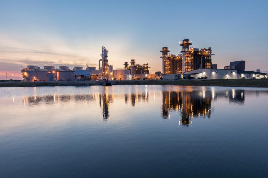 Temple 1 natural gas power plant - sunset evening photo over the lake.