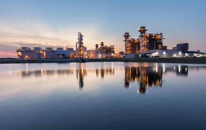 Temple 1 natural gas power plant - sunset evening photo over the lake.
