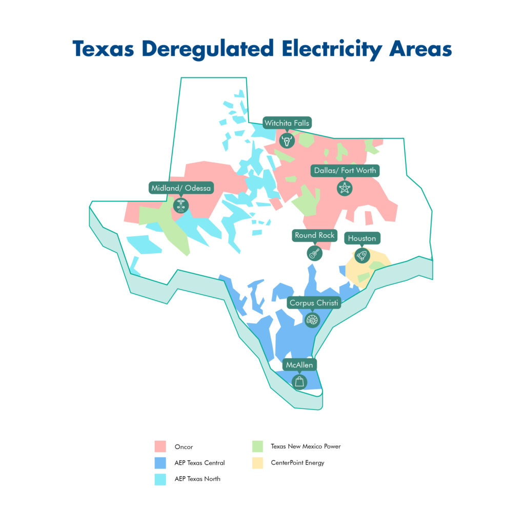 A map of the deregulated energy market service areas in Texas, by TDU that owns the territory. 