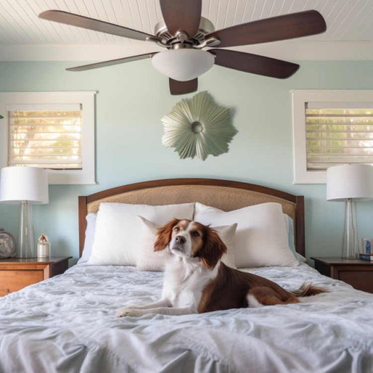 dog sitting on bed underneath ceiling fan