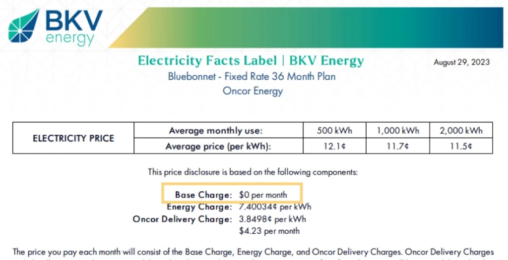 BKV Energy Electricity Facts Label with $0 base charge