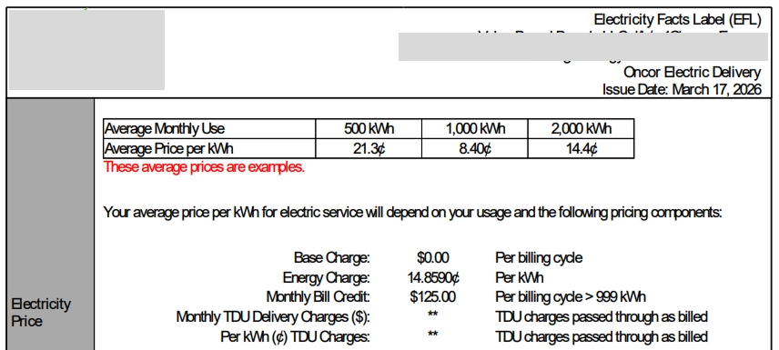 example bill credit electricity plan EFL