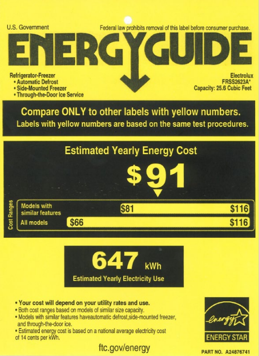 refrigerator Energy Guide label to show how much electricity the appliance uses