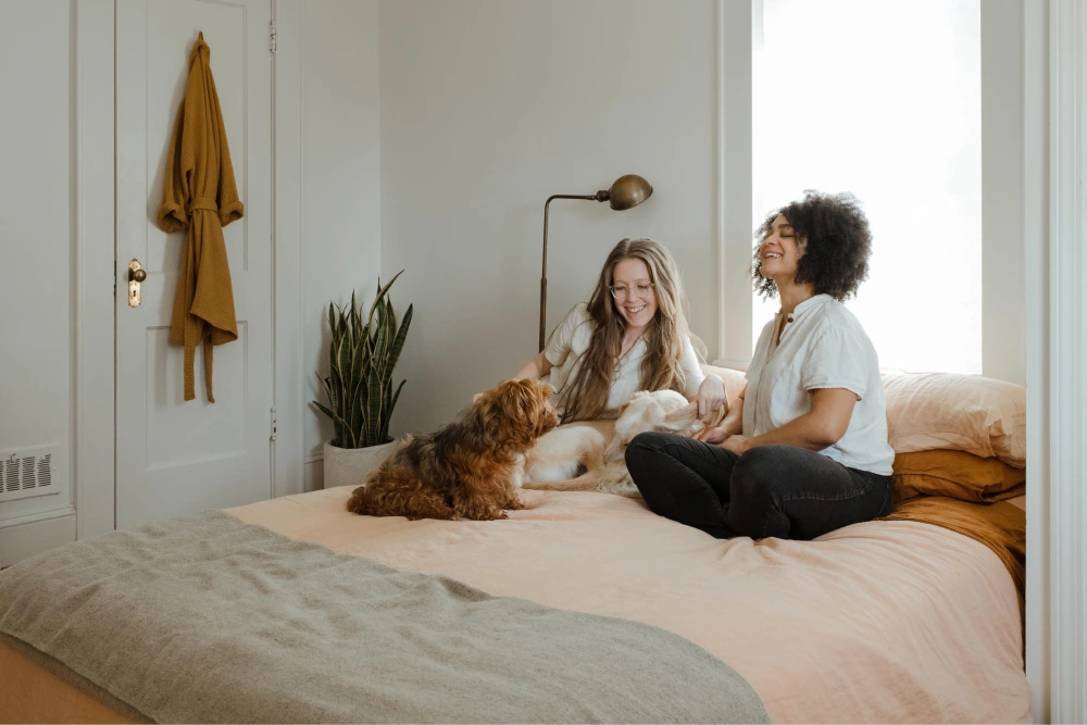 two women petting two dogs on a bed