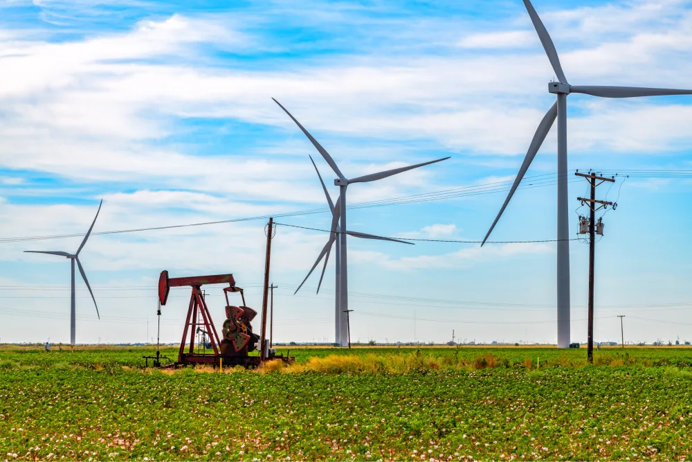 wind farm and nodding donkey outside lubbock texas