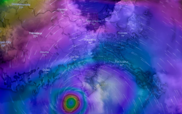 Double exposure of Hurricane Ida approaching New Orleans on August 29, 2021