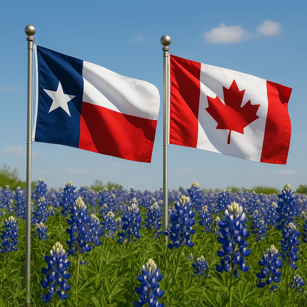 Texas flag and Canadian flag in front of a field of bluebonnets