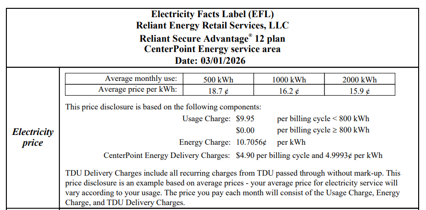 electricity facts label with minimum usage fee